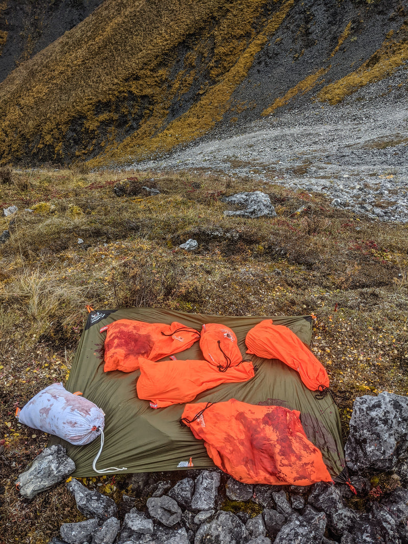 Load image into Gallery viewer, The Best Game Bags For Elk The Wapiti - game bag system is a must-have for all Elk hunters. Designed for elk meat on bone quarters and meat parts or like sized game. This small convenient species specific product contains 5 game bags with our signature light reflective attachments for easy locate in the dark and lock loops. A perfect fit for the Back Country Hunter.  The Last Game Bags You&#39;ll Ever Need!
