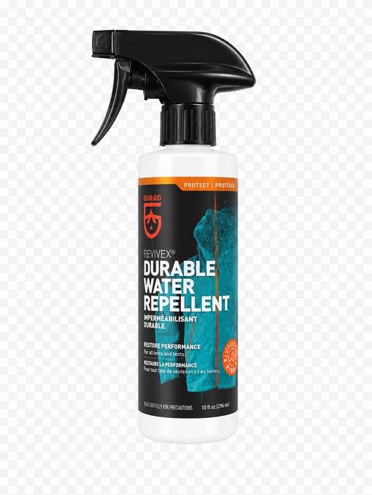 A bottle of RevVex Durable Water Repellent spray with a black trigger sprayer and a white bottle body, featuring a black and teal label with orange accents, shown on a transparent checkered background.