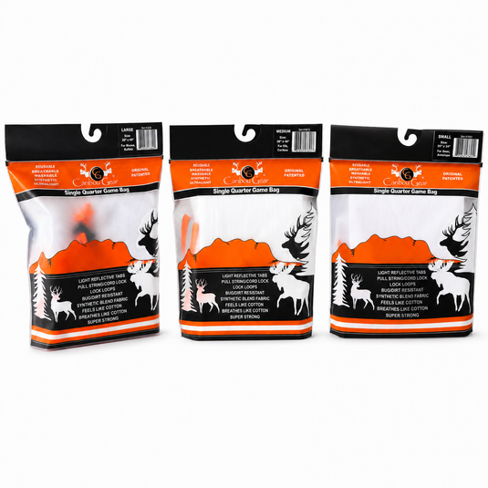Caribou Gear single quarter game bags set showing small, medium, and large breathable synthetic game bag packaging