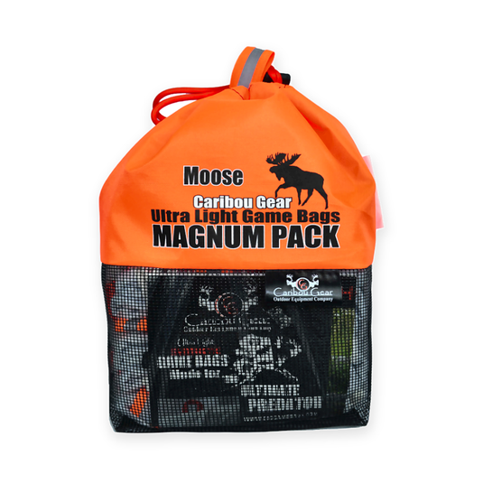 Orange Caribou Gear Moose Magnum Pack game bag system in its drawstring storage bag with black mesh panel.