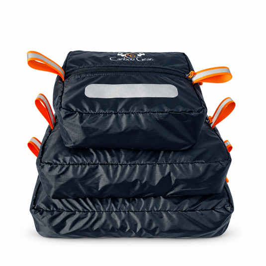 Black Caribou Gear Ditty Bags 3-Pack with Small, Medium and Large bags on a white background