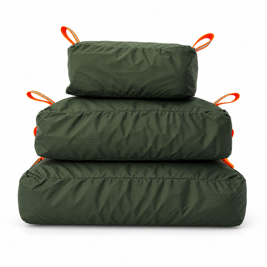 Green Caribou Gear Ditty Bags 3-Pack with Small, Medium and Large bags on a white background