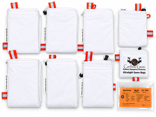 Caribou Gear Moose Magnum Pack components with white ultralight game bags, reflective handles, storage pouch and Big Game ID tag.