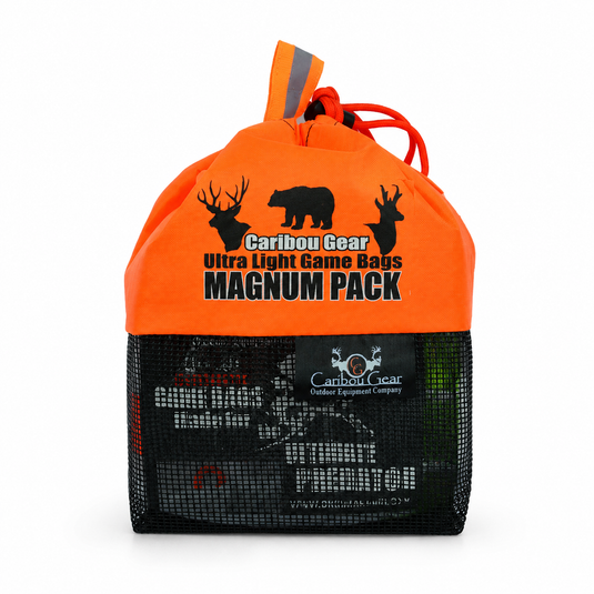 Caribou Gear Magnum Pack Small game bag system in its orange and black mesh storage bag